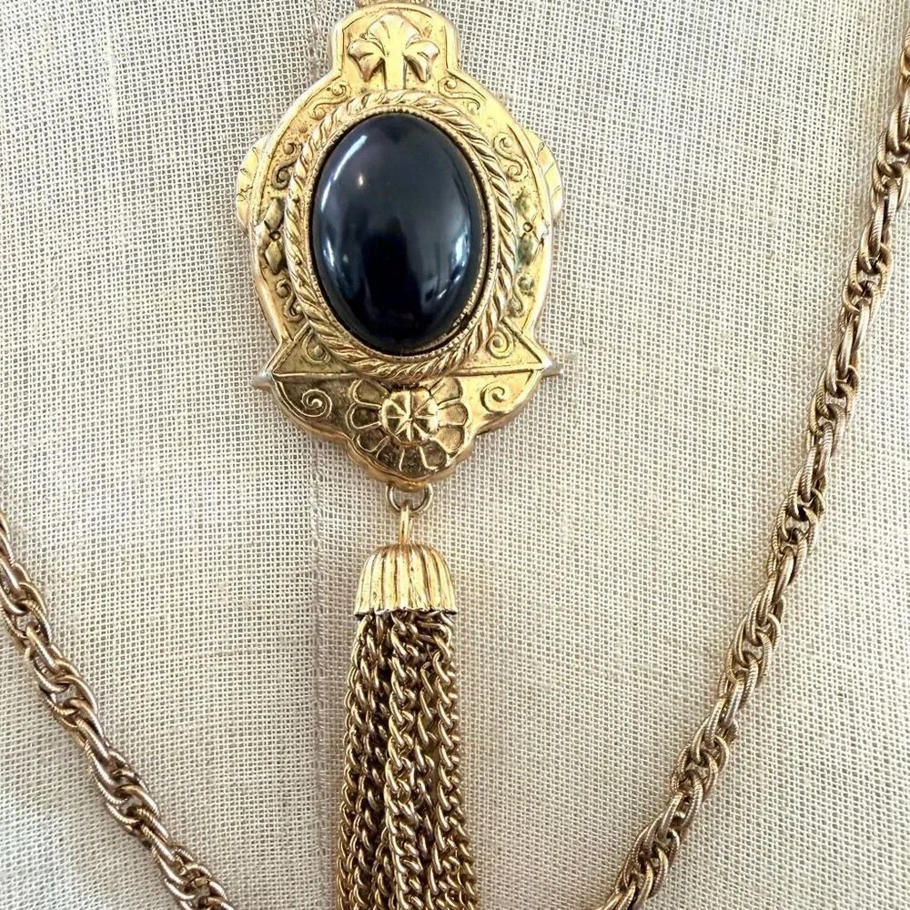 Vintage Double Chain Victorian Revival Pendant Necklace with Tassel